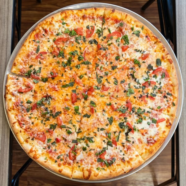 A whole margherita pizza with fresh basil and sliced tomatoes on a metal tray.